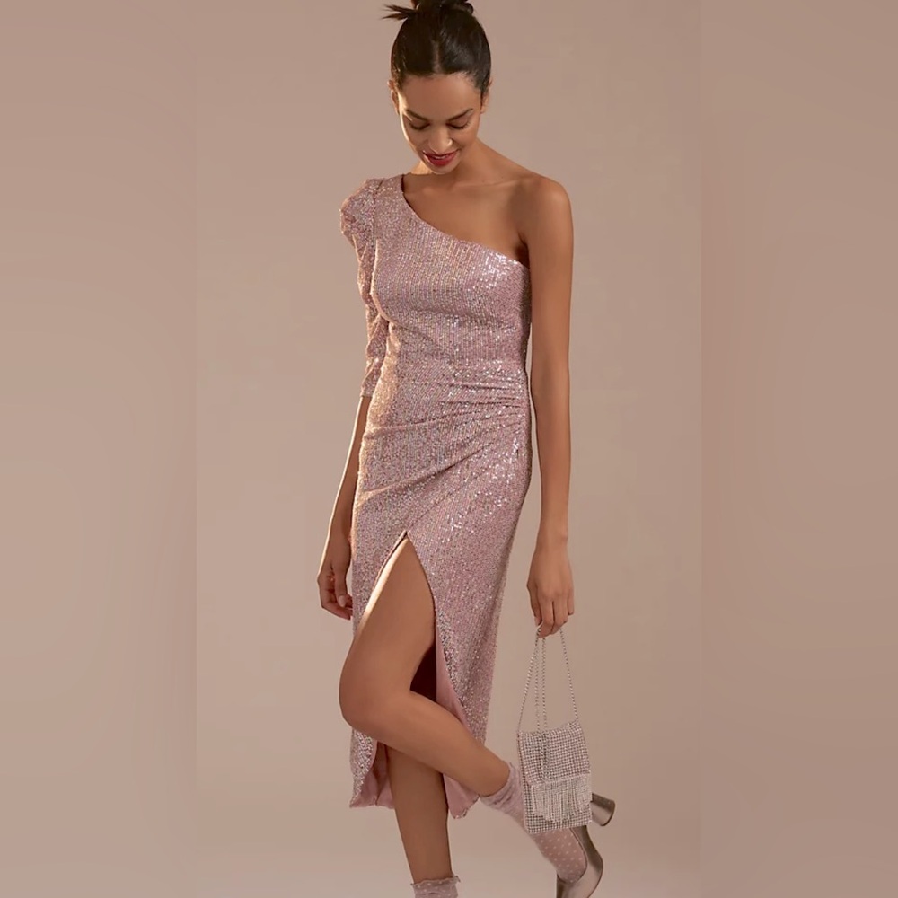 NWT Mac Duggal Sequins One Shoulder Faux Wrap Dress Mauve Multi Color Size 4